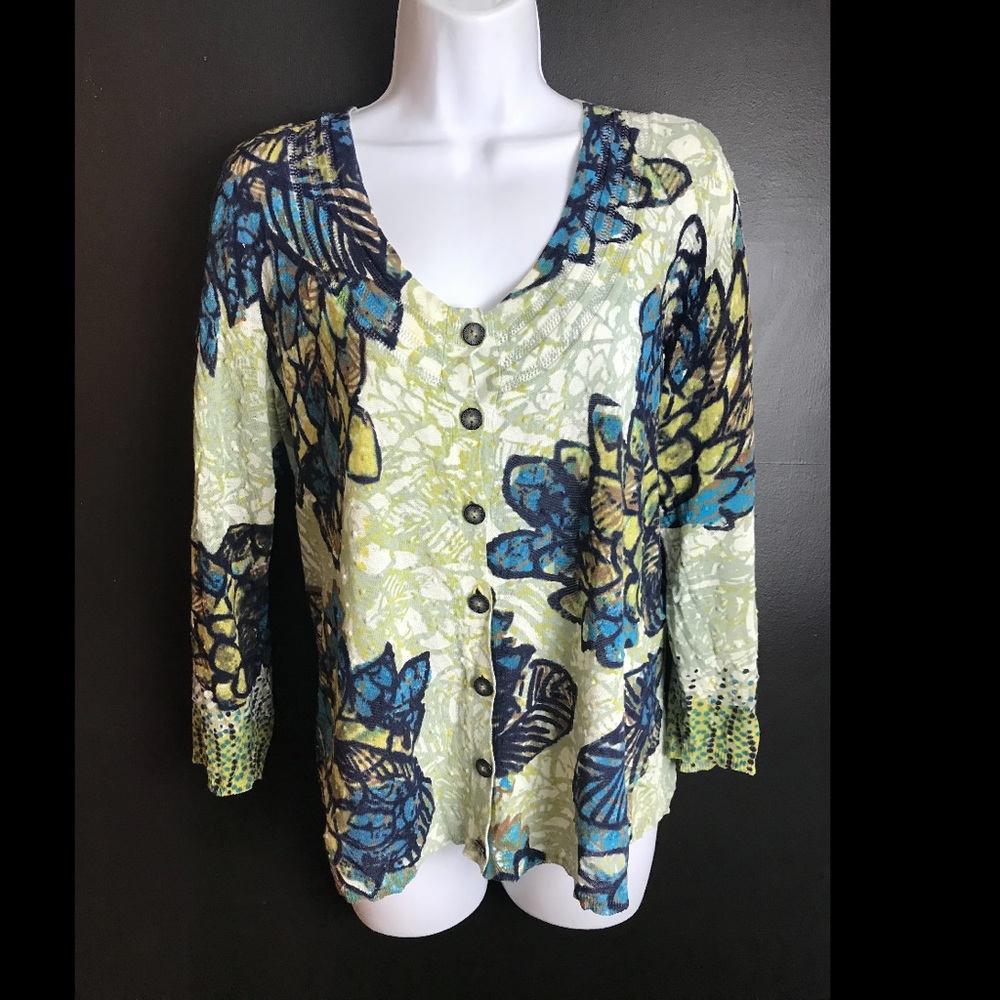 NIC+ZOE Floral Cardigan Sweater Leaf Lightweight Cotton Knit Blue Green Ivory